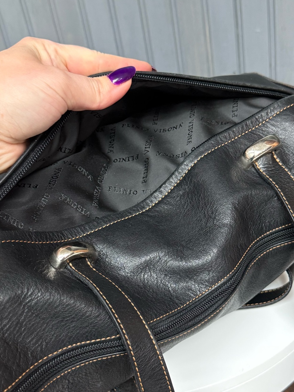 Plinio Visona Black Leather Baguette Shoulder Bag Made in Italy Minimalist - Picture 14 of 17